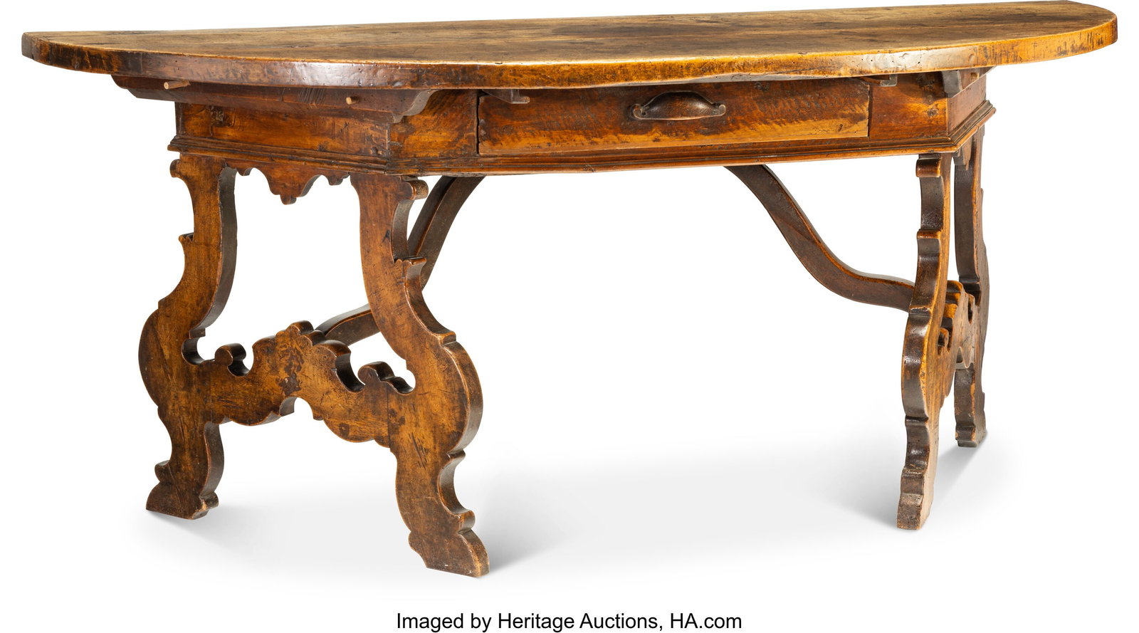 A Spanish Baroque Carved Walnut Demilune Console: A Spanish Baroque Carved Walnut Demilune Console Table, 18th century 32-1/8 x 75-1/2 x 28-1/4 inches (81.6 x 191.8 x 71.8 cm) Property from a Rancho Sa