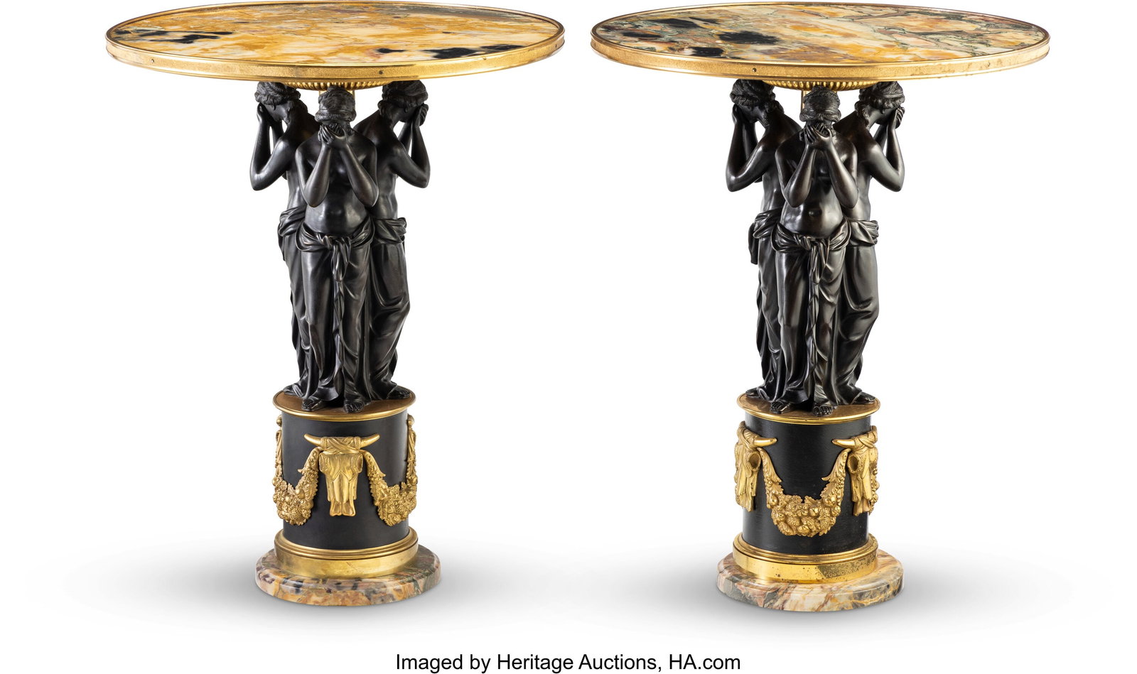 A Pair of Empire-Style Partial Gilt Bronze Figur: A Pair of Empire-Style Partial Gilt Bronze Figural Guéridons with Marble Tops After Pierre-Philippe Thomire, 20th century 31 x 24-3/8 inches (78.7 x 61.9 cm)&l