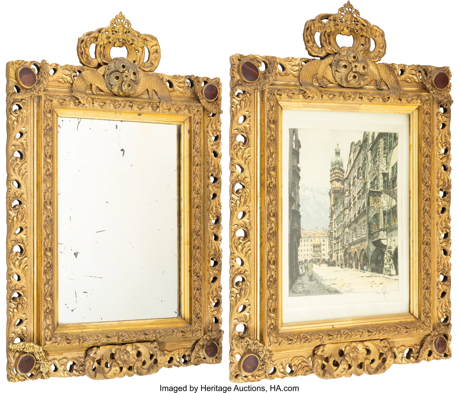 A Pair of Louis XVI-Style Gilt Wood and Agate-Mo: A Pair of Louis XVI-Style Gilt Wood and Agate-Mounted Frames, One with Mirror Plate and One Housing an Etching by Hans Figura 26 x 17 x 1-1/2 inches (66.0 x 43.2 x 3&perio