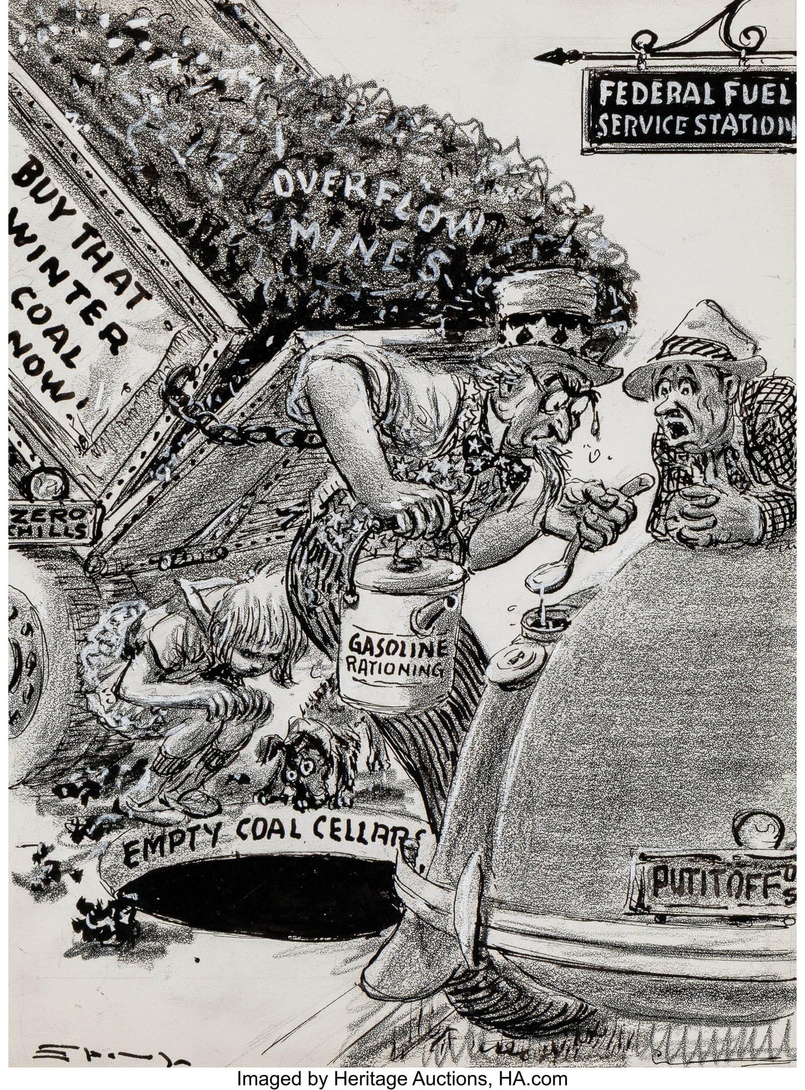 Frank 'Spang' Spangler Sr. (American, 1881-1946): Frank 'Spang' Spangler Sr. (American, 1881-1946) Too Little - Too Big - Too Late and A Saving Plank, Montgomery Advertiser newspaper cartoons (two works), 