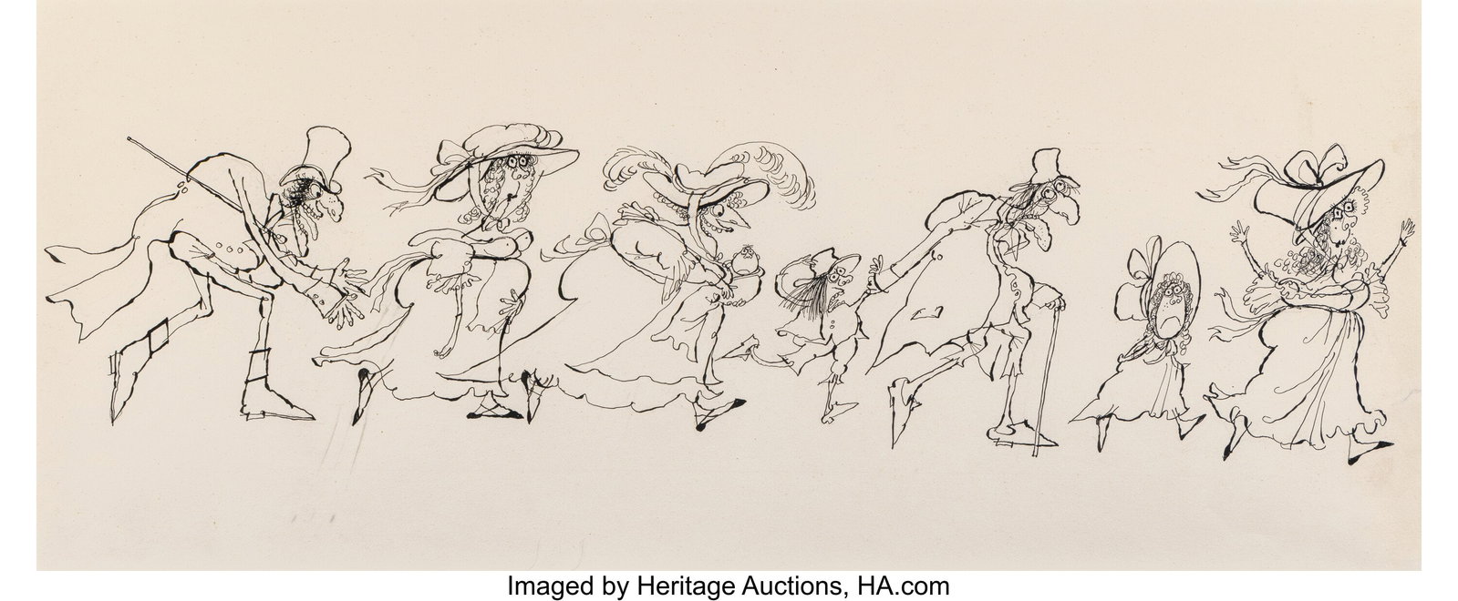 Ronald William Fordham Searle (British, 1920-201: Ronald William Fordham Searle (British, 1920-2011) Sequence One: Scene Two Ink on paper 6 x 24 inches (15.2 x 61.0 cm) (image) Artist's stamp lo