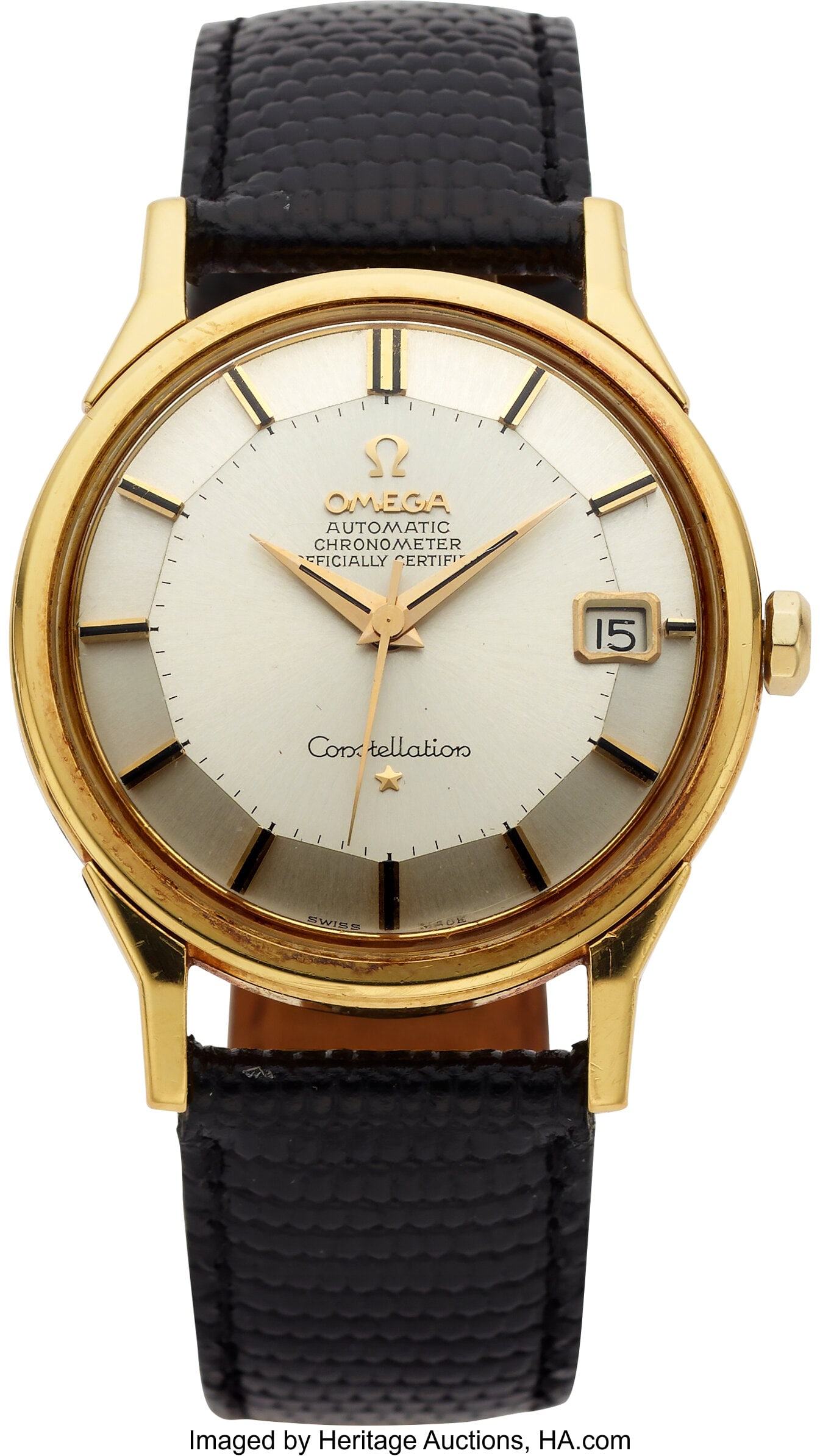 Omega Constellation, 18k Yellow Gold Case: 34 m: Omega Constellation, 18k Yellow Gold Case: 34 mm, 18k yellow gold, three body, screw-down case back, fixed bezel Dial: silvered dial, black and gold bar