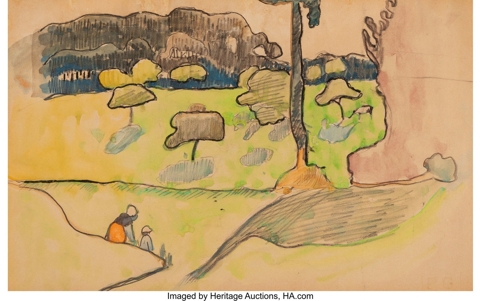 Paul Gauguin (French, 1848-1903) Paysage en Bret: Paul Gauguin (French, 1848-1903) Paysage en Bretagne, circa 1889-1890 Charcoal, watercolor and pen and ink on wove paper 7-3/4 x 12-1/8 inches (19.7 x 3