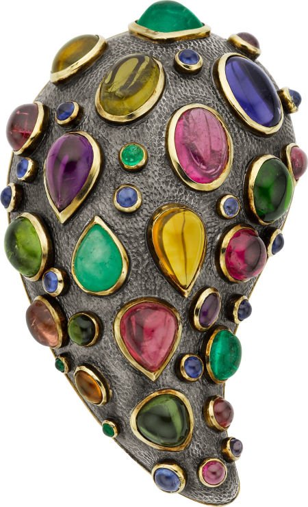 Marilyn Cooperman Multi-Stone, Gold, Silver Broo: Marilyn Cooperman Multi-Stone, Gold, Silver Brooch 18k gold and oxidized sterling silver w