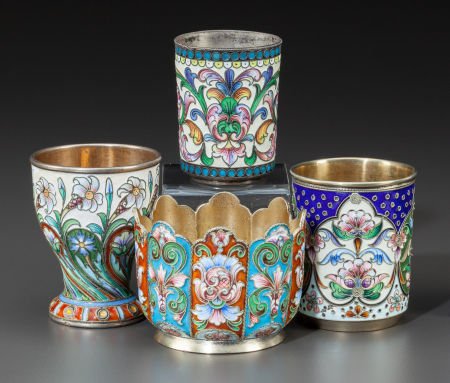 FOUR RUSSIAN SILVER GILT AND CLOISONNÉ ENAMEL VE: FOUR RUSSIAN SILVER GILT AND CLOISONNÉ ENAMEL VESSELS Late 19th/early 20th century Marks