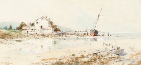 WILLIAM LOUIS SONNTAG, JR. (American, 1869-1898): WILLIAM LOUIS SONNTAG, JR. (American, 1869-1898) Coastal House with Beached Boat