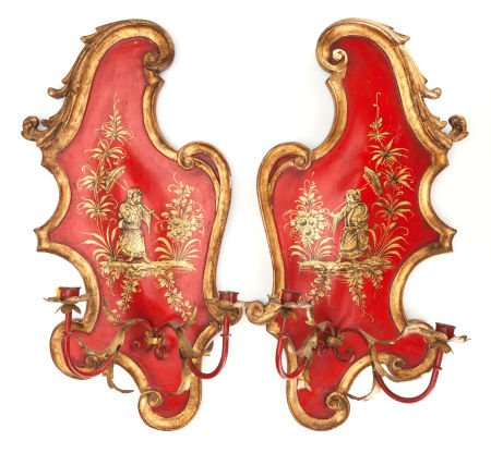 A PAIR OF RED JAPANNED TWO-ARM WALL SCONCES Late: A PAIR OF RED JAPANNED TWO-ARM WALL SCONCES Late 19th/early 20th century 25 inches high