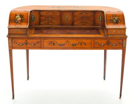 AN EDWARDIAN CARLTON HOUSE PAINTED SATINWOOD DES: AN EDWARDIAN CARLTON HOUSE PAINTED SATINWOOD DESK Circa 1900 38 x 50-1/2 x 24