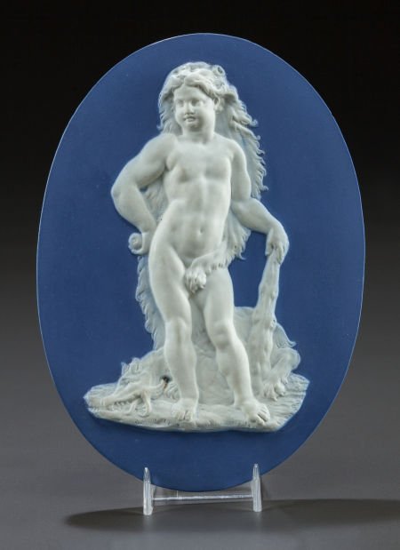 A WEDGWOOD & BENTLEY BLUE JASPERWARE OVAL MEDALL: A WEDGWOOD & BENTLEY BLUE JASPERWARE OVAL MEDALLION PLAQUECirca 1769-80Marks: WEDGW