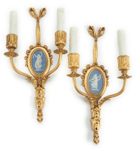 A PAIR OF TWO-LIGHT WEDGWOOD AND GILT METAL WALL: A PAIR OF TWO-LIGHT WEDGWOOD AND GILT METAL WALL SCONCES Circa 1900 Marks: WEDGWOOD</