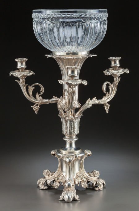 AN ELKINGTON & MASON SILVER-PLATED EPERGNE WITH : AN ELKINGTON & MASON SILVER-PLATED EPERGNE WITH ASSOCIATED CUT-GLASS BOWL Elkington,