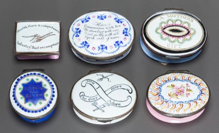 SIX ENGLISH ENAMELED METAL OVAL SNUFF BOXES 19th: SIX ENGLISH ENAMELED METAL OVAL SNUFF BOXES 19th century 1 inch high x 1-3/4 inches wide
