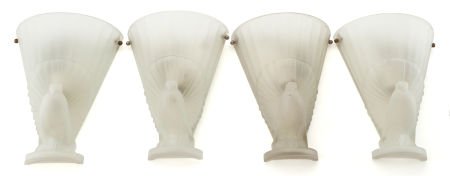 A SET OF FOUR ART DECO MOLDED AND FROSTED GLASS : A SET OF FOUR ART DECO MOLDED AND FROSTED GLASS WALL SCONCES Circa 1930 10 inches