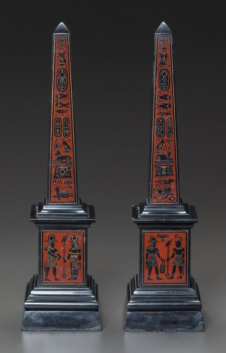 A PAIR OF EGYPTIAN-STYLE MARBLE OBELISKS 20th ce: A PAIR OF EGYPTIAN-STYLE MARBLE OBELISKS20th century15-1/2 inches high (39.4 cm)