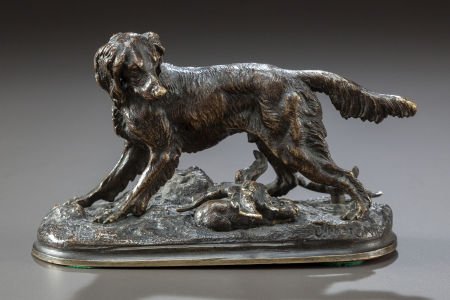 A BRONZE FIGURINE OF A HUNTING DOG, AFTER JULES : A BRONZE FIGURINE OF A HUNTING DOG, AFTER JULES MOIGNIEZ (French, 1835-1894), 20th century<