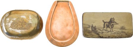 THREE COLLECTIBLE BOXES: THREE COLLECTIBLE BOXES Comprising: 1) Victorian couple scene on nickel-plated brass snuf
