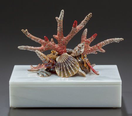 A JAY STRONGWATER CORAL REEF WHITE MARBLE LIDDED: A JAY STRONGWATER CORAL REEF WHITE MARBLE LIDDED BOX