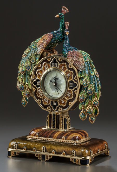 A JAY STRONGWATER DOUBLE PEACOCK MANTLE CLOCK 21: A JAY STRONGWATER DOUBLE PEACOCK MANTLE CLOCK 21st ce