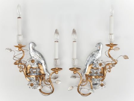 A PAIR OF ROCK CRYSTAL AND GILT BRONZE FIGURAL B: A PAIR OF ROCK CRYSTAL AND GILT BRONZE FIGURAL BIRD SCONCES 20th century 22 inches high