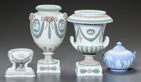 THREE WEDGWOOD TRI-COLOR URNS AND A BLUE JASPERW: THREE WEDGWOOD TRI-COLOR URNS AND A BLUE JASPERWARE SUGAR20th centuryMarks to urn: