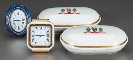 TWO CARTIER LIDDED LIMOGES BOXES AND TWO CARTIER: TWO CARTIER LIDDED LIMOGES BOXES AND TWO CARTIER CLOCKS 20th century Marks: LE MAISO