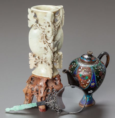 A GROUP OF THREE CHINESE DECORATIVE OBJECTS 19t: A GROUP OF THREE CHINESE DECORATIVE OBJECTS 19th-20th century 8 inches high (20.3