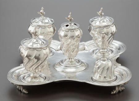 A SIX PIECE HANAU SILVER DESK SET Hanau, German: A SIX PIECE HANAU SILVER DESK SET Hanau, Germany, circa 1850 Marks: (M-crowned), <