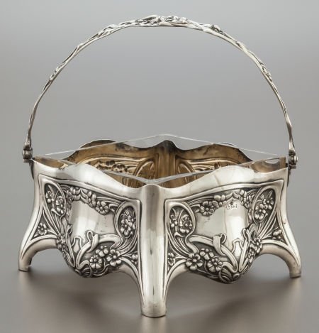 A GERMAN SILVER BASKET WITH GLASS LINER Probably: A GERMAN SILVER BASKET WITH GLASS LINER Probably Otto Wolter, Schwäbisch, Gmünd, Germany, c