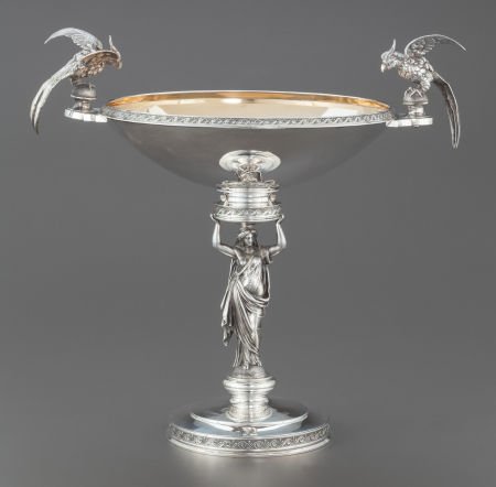 A GORHAM SILVER AND SILVER GILT FIGURAL CENTERPI: A GORHAM SILVER AND SILVER GILT FIGURAL CENTERPIECE RETAILED BY TIFFANY & CO. Gorham Manufa