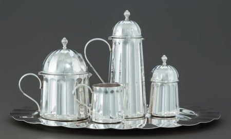 A FIVE PIECE CALEGARO ITALIAN SILVER TEA AND COF: A FIVE PIECE CALEGARO ITALIAN SILVER TEA AND COFFEE SERVICE DESIGNED BY MASSIMO VIGNELLI 