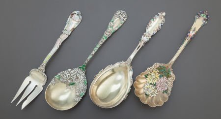 TWO GORHAM AND TWO REED & BARTON ENAMELED SILVER: TWO GORHAM AND TWO REED & BARTON ENAMELED SILVER GILT FLATWARE SERVING PIECES Gorham Manufa