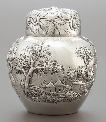 AN S. KIRK & SON CO. SILVER REPOUSSÉ GINGER JAR : AN S. KIRK & SON CO. SILVER REPOUSSÉ GINGER JAR S. Kirk & Son Co., Baltimore, Maryland, cir