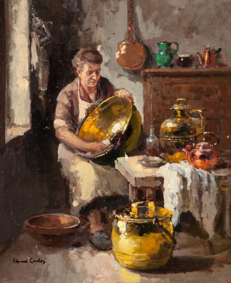 EDOUARD-LÉON CORTÈS (French, 1882-1969) Femme ré: EDOUARD-LÉON CORTÈS (French, 1882-1969)Femme récurant les cuivresOil on pan