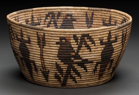 A PANAMINT PICTORIAL POLYCHROME COILED BOWL c. 1: A PANAMINT PICTORIAL POLYCHROME COILED BOWL c. 1920 finely and tightly woven of typical m