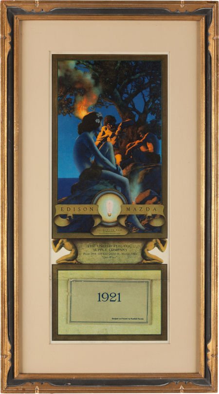 Maxfield Parrish: "Primitive Man" 1921 Edison Ma: Maxfield Parrish: "Primitive Man" 1921 Edison Mazda, 8.75" x 19," with complete calendar pad.