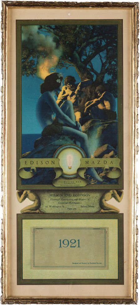 Maxfield Parrish: Primitive Man Color Print, 192: Maxfield Parrish: Primitive Man Color Print, 1921 Edison Mazda C