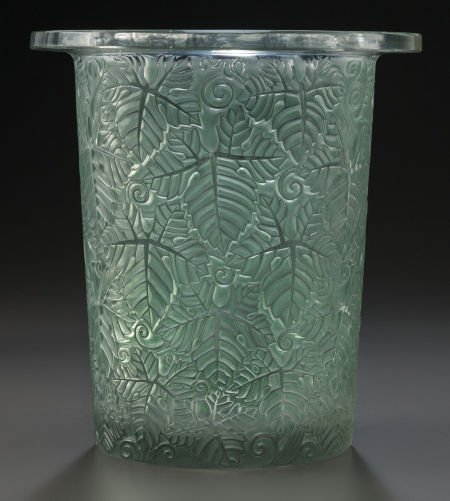 R. LALIQUE FEUILLES DE VIGNE WINE COOLER WITH GR: R. LALIQUE FEUILLES DE VIGNE WINE COOLER WITH GREEN PATINA</