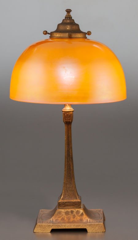 STEUBEN GLASS SHADE WITH GILT BRONZE BASE Circa: STEUBEN GLASS SHADE WITH GILT BRONZE BASECirca 1910, Unmarked14-3/4 inches high (37.5