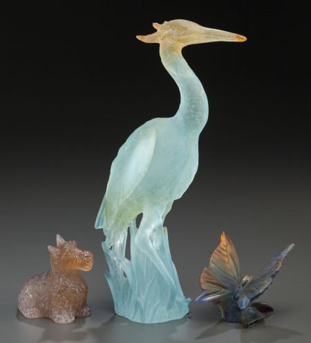 THREE DAUM PATE-DE-VERRE GLASS SCULPTURES OF A T: THREE DAUM PATE-DE-VERRE GLASS SCULPTURES OF A TERRIER, HERON AND BUTTERFLY Late 20th