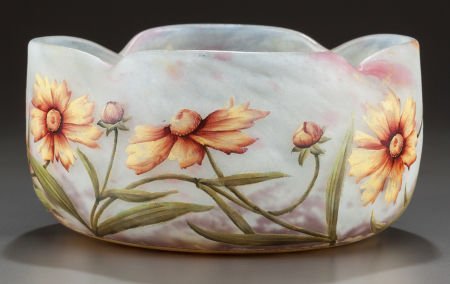 DAUM ETCHED AND ENAMELED GLASS ROSE HIPS QUATREF: DAUM ETCHED AND ENAMELED GLASS ROSE HIPS QUATREFOIL BOWLCirca 1900, Enamel: DAUM, NANCY