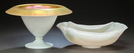STEUBEN CALCITE AND GOLD AURENE FOOTED BOWL TOGE: STEUBEN CALCITE AND GOLD AURENE FOOTED BOWL TOGETHER WITH A CALCITE GLASS LOW BOWL Ci