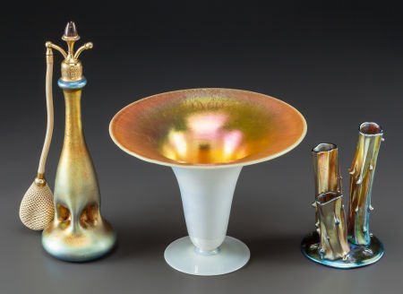 STEUBEN AURENE GLASS TREE VASE, ATOMIZER AND COM: STEUBEN AURENE GLASS TREE VASE, ATOMIZER AND COMPOTE Circa 1920, Engraved: STEUBEN, AURENE,