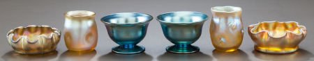 THREE PAIRS OF TIFFANY STUDIOS FAVRILE GLASS AND: THREE PAIRS OF TIFFANY STUDIOS FAVRILE GLASS AND STEUBEN AURENE OPEN SALTS AND CORDIALS <