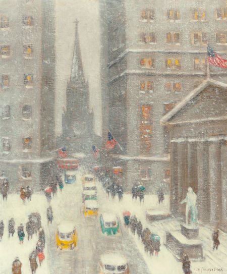 GUY CARLETON WIGGINS (American, 1883-1962) Wall: GUY CARLETON WIGGINS (American, 1883-1962)Wall Street Storm (Old Trinity, New York)