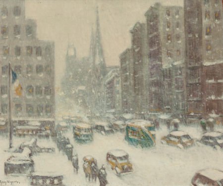 GUY CARLETON WIGGINS (American, 1883-1962) The L: GUY CARLETON WIGGINS (American, 1883-1962)The Library, 5th Avenue, circa 1940