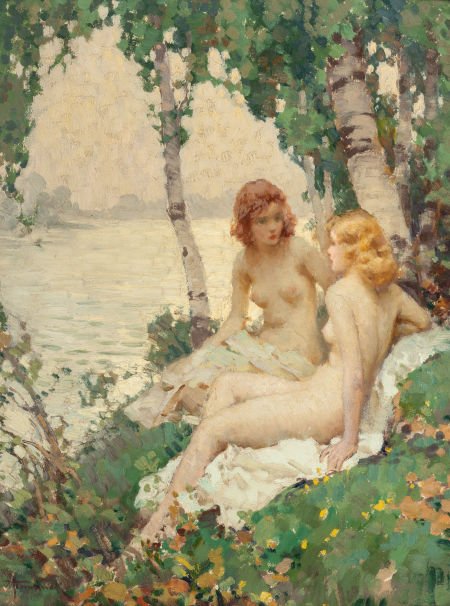 JOSEPH TOMANEK (American, 1889-1974) Conversatio: JOSEPH TOMANEK (American, 1889-1974)Conversation by the LakeOil on board