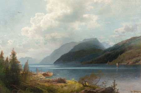 HERMANN OTTOMAR HERZOG (American, 1832-1932) Mou: HERMANN OTTOMAR HERZOG (American, 1832-1932) Mountain Lake, Sagne Fjord, Norway<