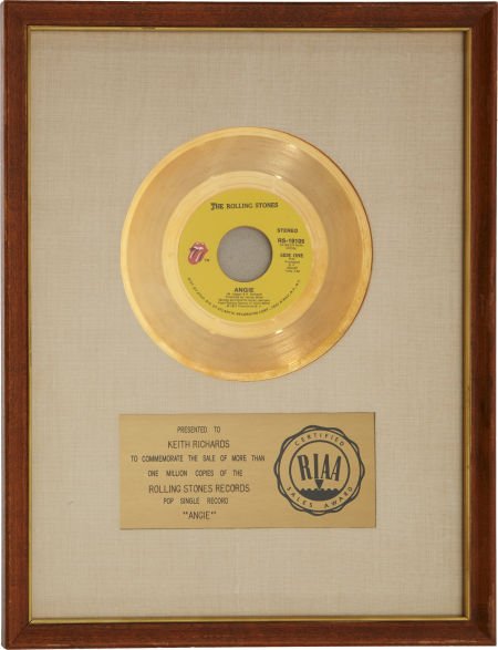 The Rolling Stones RIAA Gold Record White Mat Aw: The Rolling Stones RIAA Gold Record White Mat Award for "Angie." Presented to Keith Richa