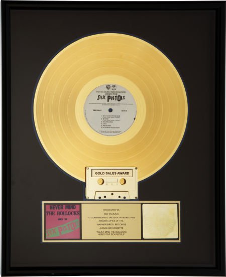 The Sex Pistols RIAA Gold Record Award for "Neve: The Sex Pistols RIAA Gold Record Award for "Never Mind the Bollocks." Presented to Sid Vi