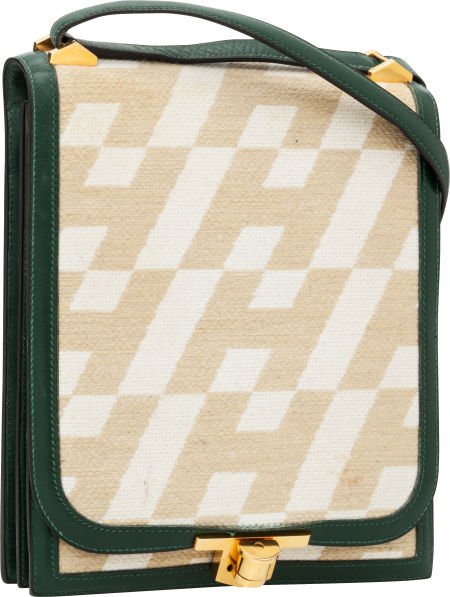 Hermes Vert Fonce Calf Box Leather & Monogram Ca: Hermes Vert Fonce Calf Box Leather & Monogram Canvas Chantilly Shoulder Bag with Gold Hardware